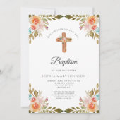 かわいいフローラ宗教十字女の子バプテスマ 招待状 (正面)