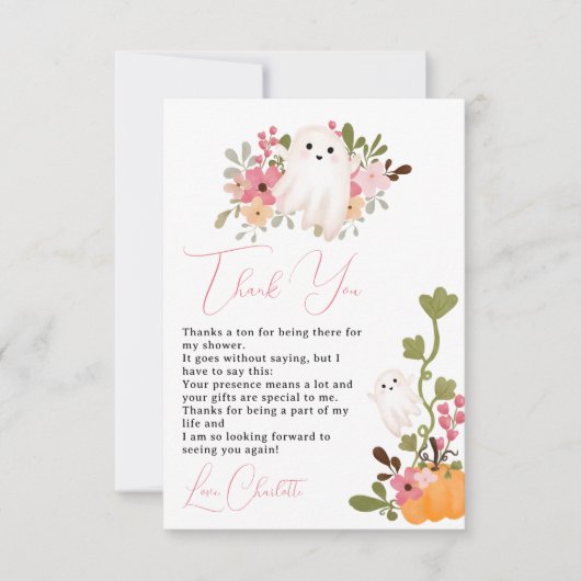 かわいいフローラ幽霊カボチャ小さなブーブベイビーシャワー サンキューカード (正面)