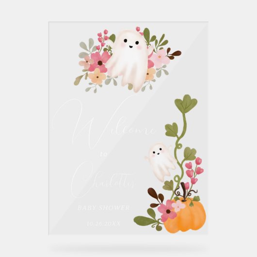 かわいいフローラ幽霊カボチャ歓迎ベビーシャワー アクリルサイン (正面)