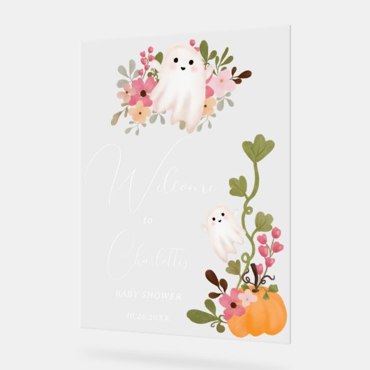 かわいいフローラ幽霊カボチャ歓迎ベビーシャワー アクリルサイン (傾斜)