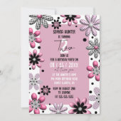かわいいフローラ水玉模様ピンクブラック2nd誕生日 招待状 (正面)