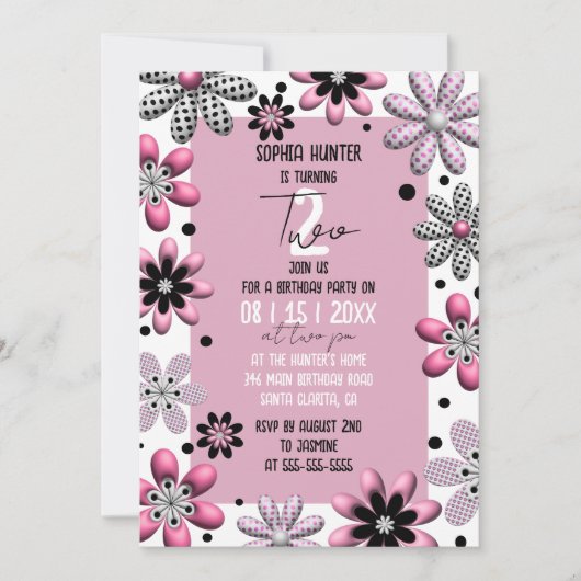 かわいいフローラ水玉模様ピンクブラック2nd誕生日 招待状 (正面)