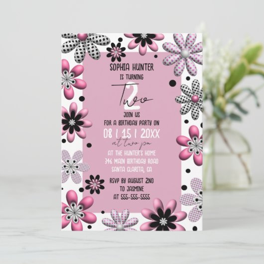 かわいいフローラ水玉模様ピンクブラック2nd誕生日 招待状 (スタンド正面)