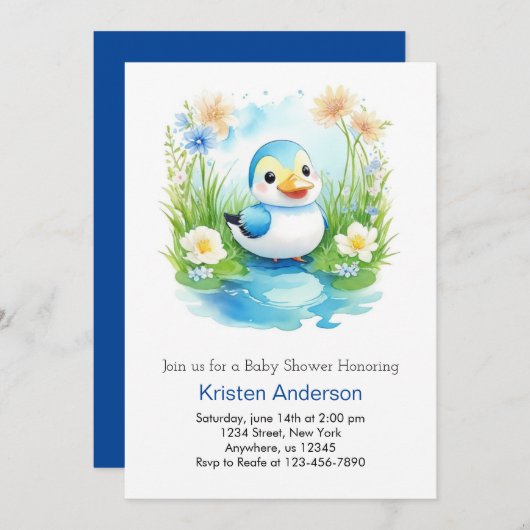 かわいいフローラ水色アヒル男の子ベイビーシャワー 招待状 (正面/裏面)