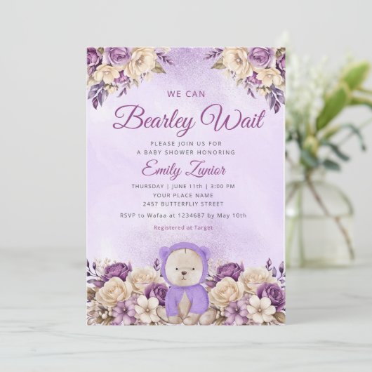 かわいいフローラ紫の赤ちゃんシャワーを待つことができる 招待状 (スタンド正面)