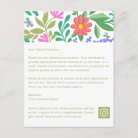 かわいいフローラ自然ご購入ありがとうございます エンクロージャーカード (裏面)