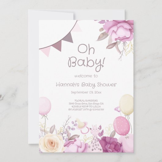 かわいいフローラ薄紫ピンクガールベビーシャワー 招待状 (正面)