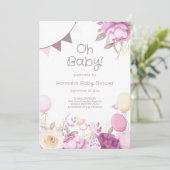 かわいいフローラ薄紫ピンクガールベビーシャワー 招待状 (スタンド正面)