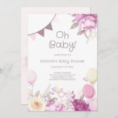 かわいいフローラ薄紫ピンクガールベビーシャワー 招待状 (正面/裏面)
