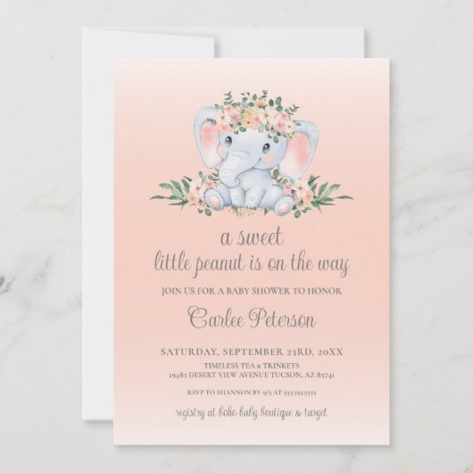 かわいいフローラ象の赤ちゃん女の子の赤ちゃんシャワー 招待状 (正面)