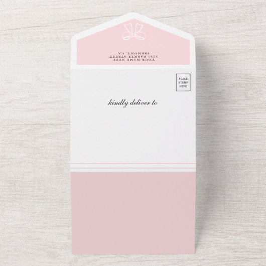 かわいいフローラ赤面ピンクコケットボウベイビーシャワー オールインワン招待状 (外側)