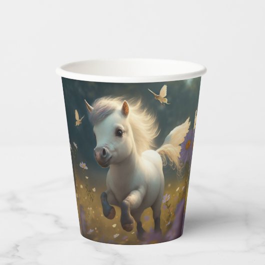 かわいいフローラ飛んでいるユニコーン小さなポニー紙クー 紙コップ (正面)