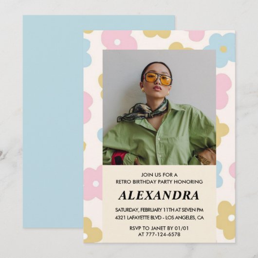 かわいいフローラ27歳の誕生日の招待状レトロ写真 招待状 (正面/裏面)