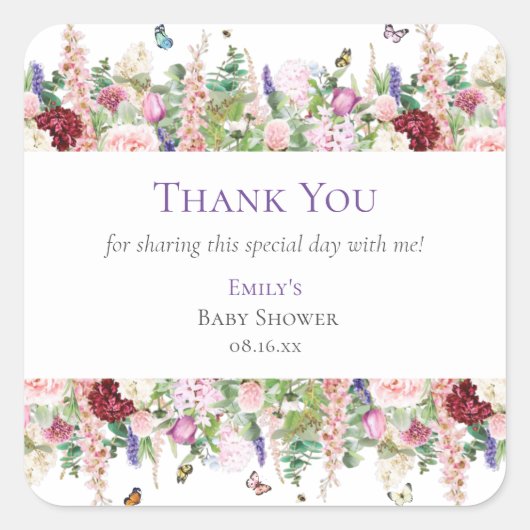 かわいいフローラ&蝶ありがとう赤ちゃんシャワー スクエアシール (正面)