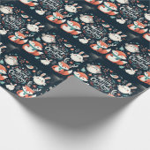 かわいいフワフワのクリスマスキツネとウサギのリース ラッピングペーパー (角)