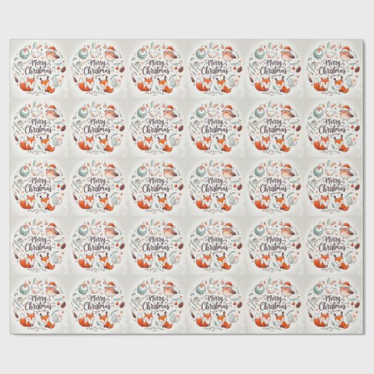 かわいいフワフワのクリスマスキツネとウサギ ラッピングペーパー (フラット)
