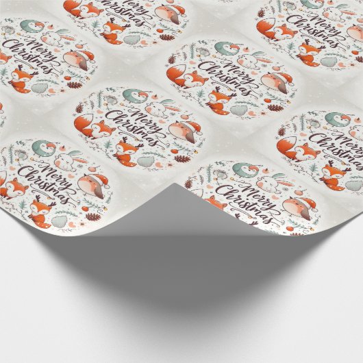 かわいいフワフワのクリスマスキツネとウサギ ラッピングペーパー (角)