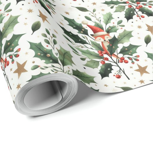 かわいいフワフワのクリスマスサンタキツネリース ラッピングペーパー (ロールコーナー)
