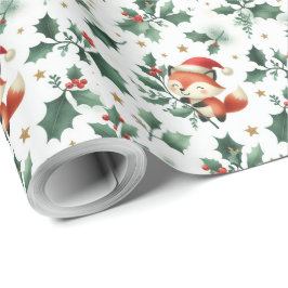 かわいいフワフワのクリスマスサンタキツネリース ラッピングペーパー