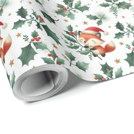 かわいいフワフワのクリスマスサンタキツネリース ラッピングペーパー (ロールコーナー)