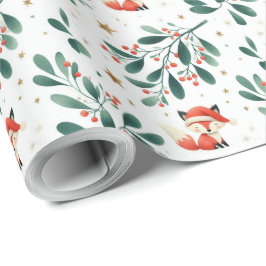 かわいいフワフワのクリスマスサンタキツネリース ラッピングペーパー