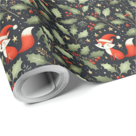 かわいいフワフワのクリスマスサンタキツネリース ラッピングペーパー