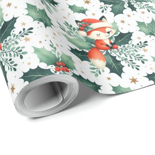 かわいいフワフワのクリスマスサンタキツネリース ラッピングペーパー (ロールコーナー)