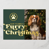 かわいいフワフワのクリスマス犬ペットモダンパウ写真 箔シーズンカード (正面)