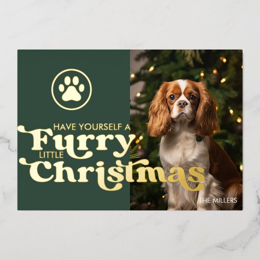 かわいいフワフワのクリスマス犬ペットモダンパウ写真 箔シーズンカード (正面)