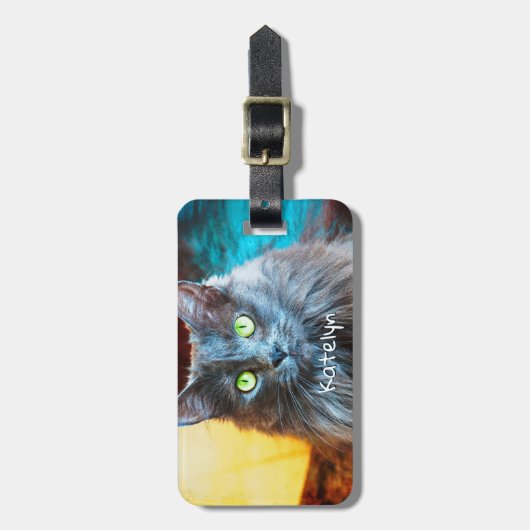 かわいいフワフワのグレー猫の写真名前をカスタムする ラゲッジタグ (正面縦)