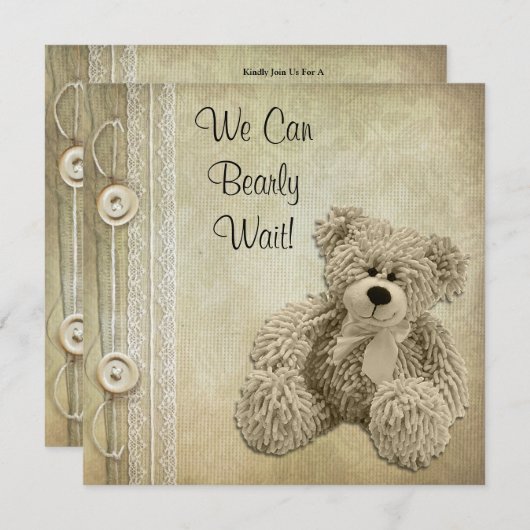 かわいいフワフワのニュートラルテディベビーシャワー 招待状 (正面/裏面)