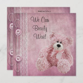 かわいいフワフワのピンクのテディ赤ちゃんシャワー 招待状 (正面/裏面)
