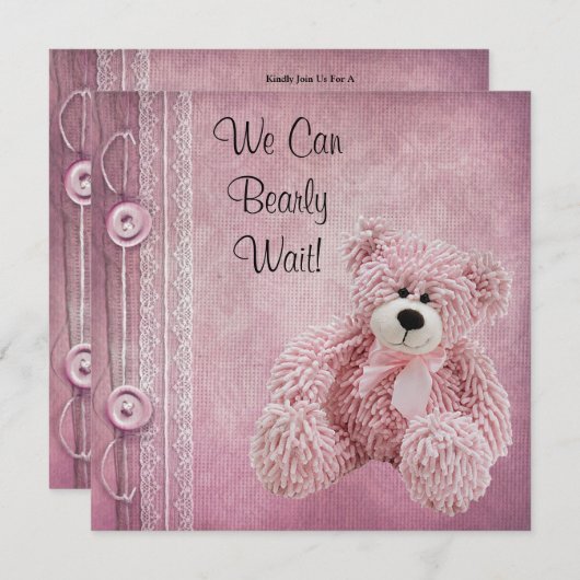 かわいいフワフワのピンクのテディ赤ちゃんシャワー 招待状 (正面/裏面)