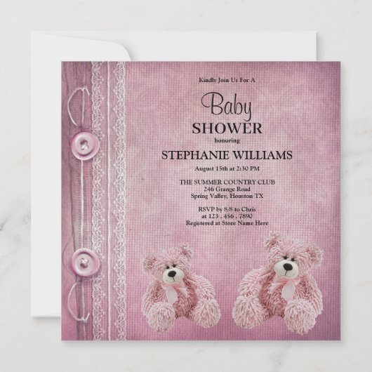 かわいいフワフワのピンクのテディ赤ちゃんシャワー 招待状 (裏面)