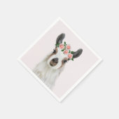 かわいいフワフワのラマとバラフラワークラウンピンク スタンダードカクテルナプキン (角)