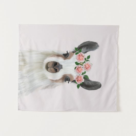 かわいいフワフワのラマとバラフラワークラウンピンク タペストリー (正面(横))