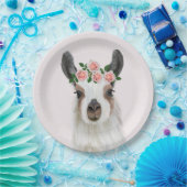 かわいいフワフワのラマとバラフラワークラウンピンク ペーパープレート (パーティー)