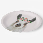 かわいいフワフワのラマとバラフラワークラウンピンク ペーパープレート (アングル)