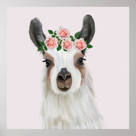 かわいいフワフワのラマとバラフラワークラウンピンク ポスター (正面)
