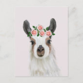 かわいいフワフワのラマとバラフラワークラウンピンク ポストカード (正面)