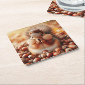 かわいいフワフワのリス スクエアペーパーコースター (アングル)