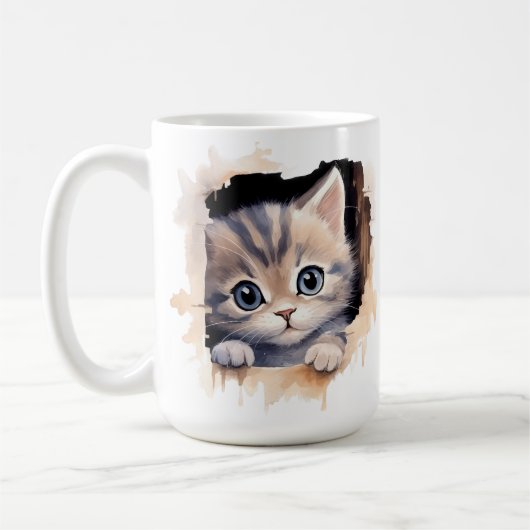 かわいいフワフワの三毛子猫顔 コーヒーマグカップ (左)