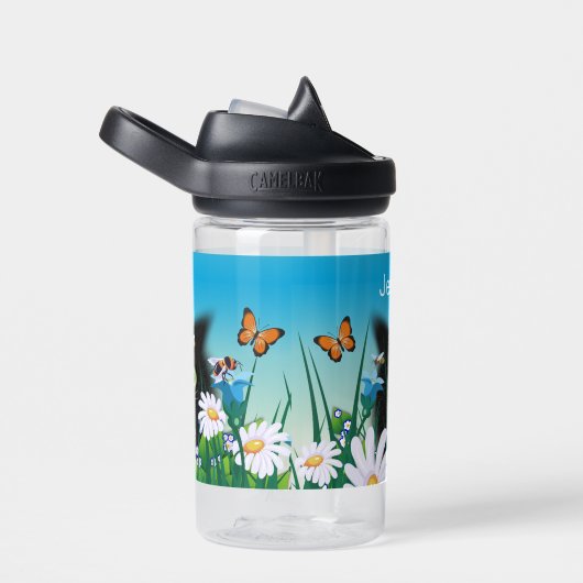 かわいいフワフワの子猫をデイジー牧草地パーソナライズされた ウォーターボトル (右面)