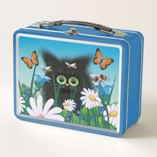 かわいいフワフワの子猫inデイジー草原 メタルランチボックス (正面)