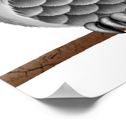 かわいいフワフワの灰色フクロウの枝、白い背景 ポスター (角)