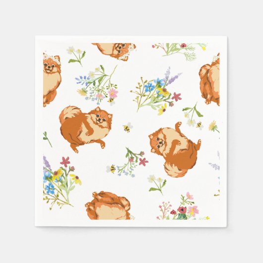かわいいフワフワの犬と牧草花ペーパーナプキン スタンダードカクテルナプキン (正面)