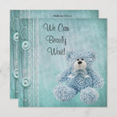 かわいいフワフワの青テディ赤ちゃんシャワー 招待状 (正面/裏面)