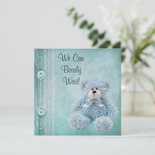 かわいいフワフワの青テディ赤ちゃんシャワー 招待状 (スタンド正面)