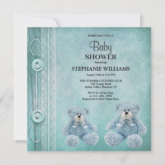 かわいいフワフワの青テディ赤ちゃんシャワー 招待状 (裏面)