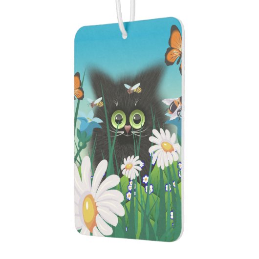 かわいいフワフワの黒猫とデイジーアート カーエアーフレッシュナー (左)